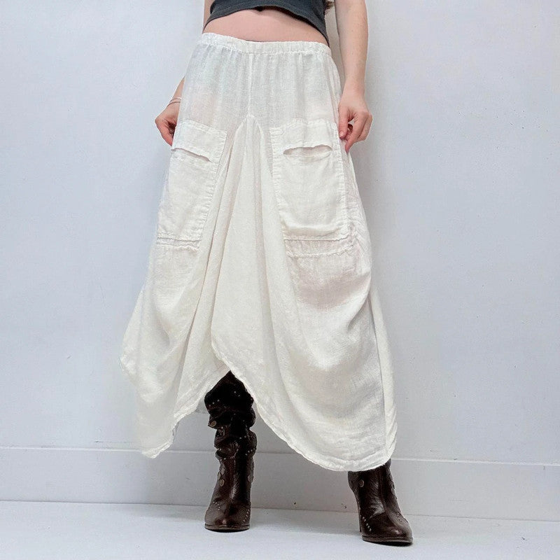 white linen draped puff maxi skirt