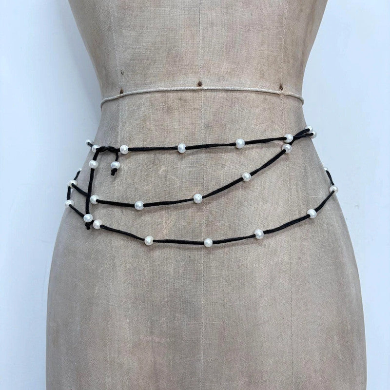 black suede pearl wrap waist beads
