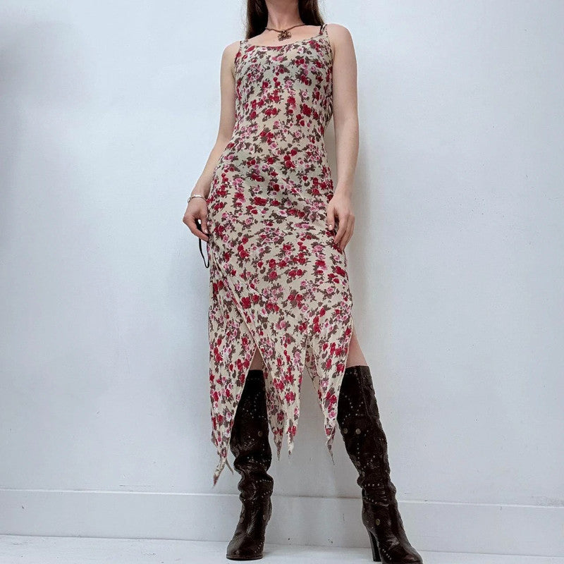 sheer floral handkerchief maxi dress