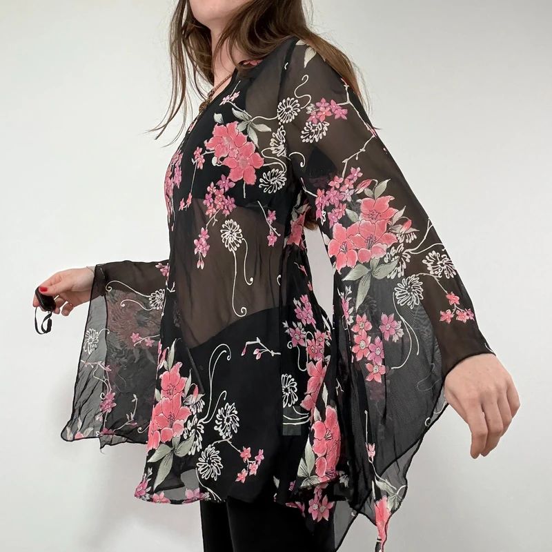 Sheer Black Asymmetric Flutter Blouse