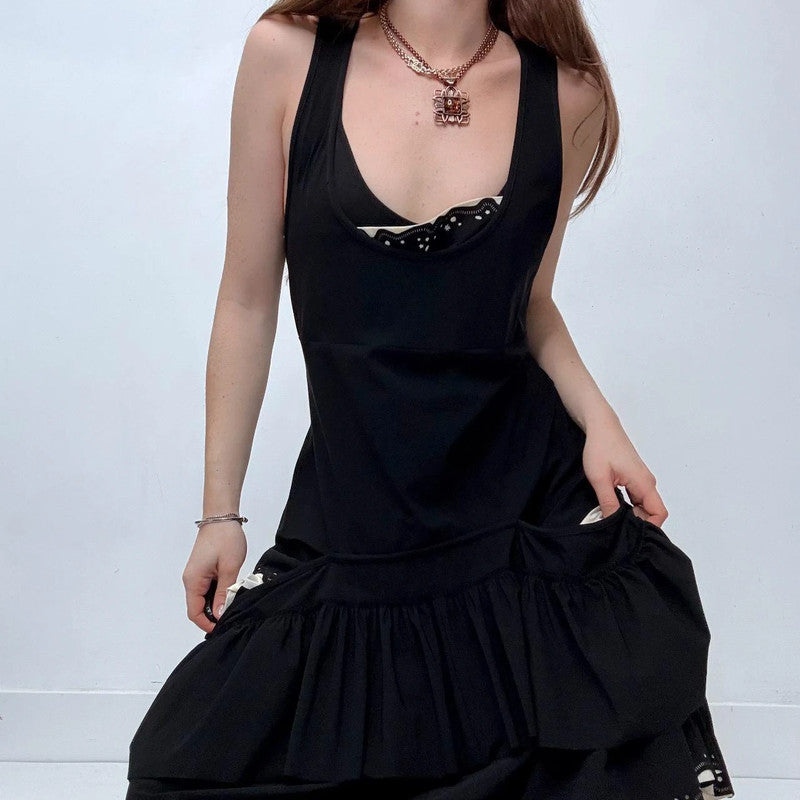 black layered pleated midi dress
