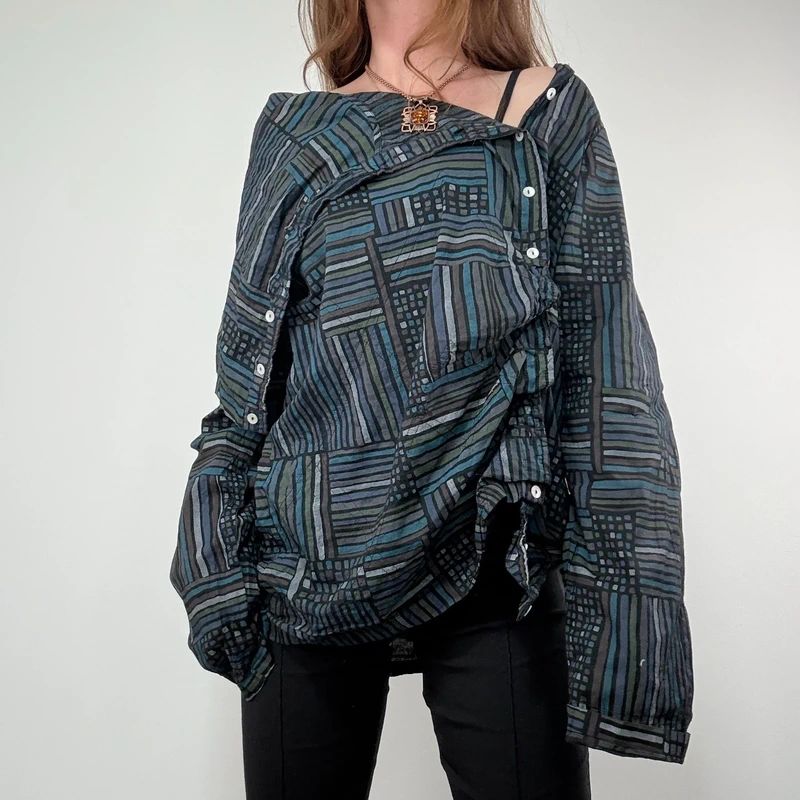 Asymmetric fold over draped checked pinstripe Shirt