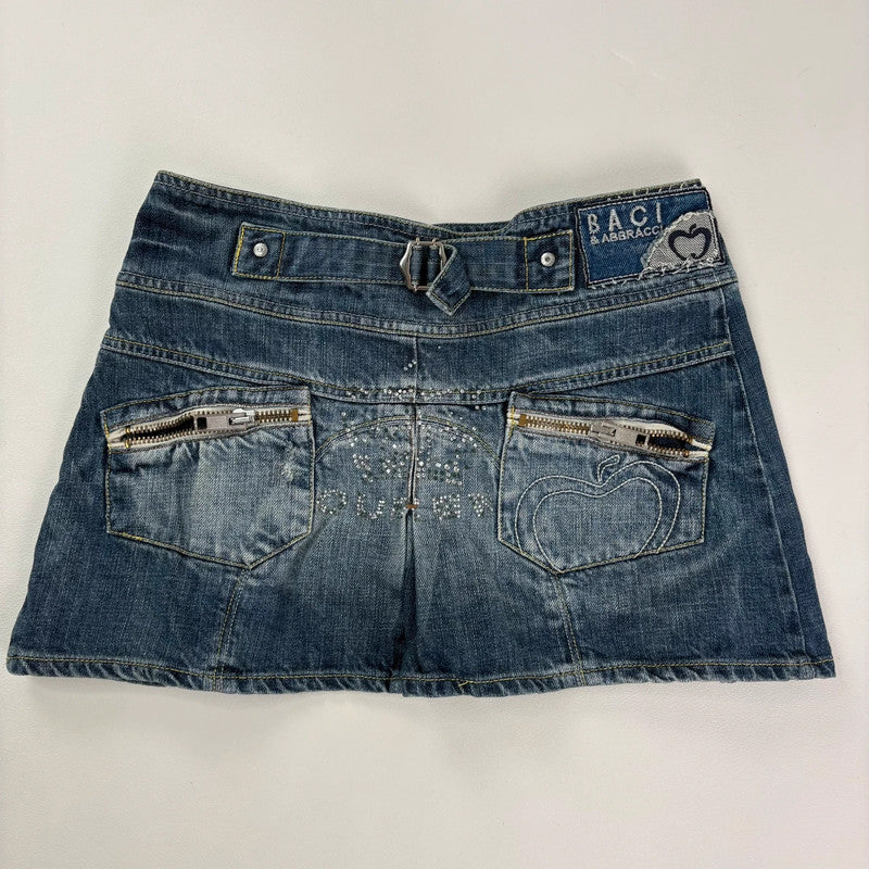 pleated flared distressed embroidered denim mini skirt