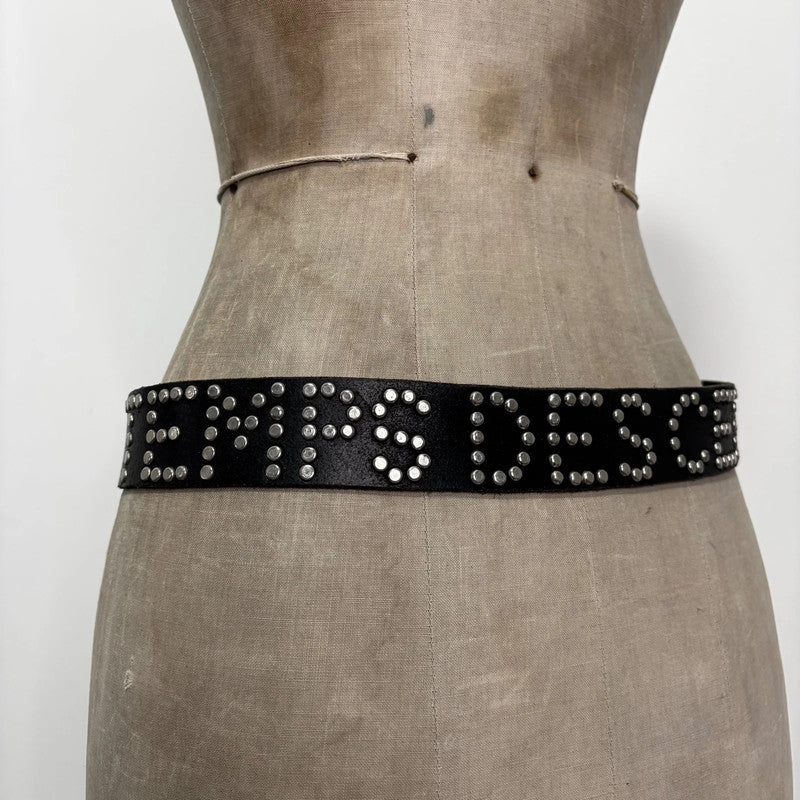 black leather studded spellout belt