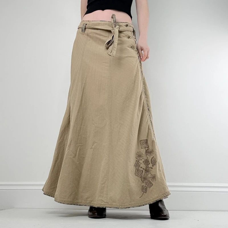 tan linen flared maxi skirt