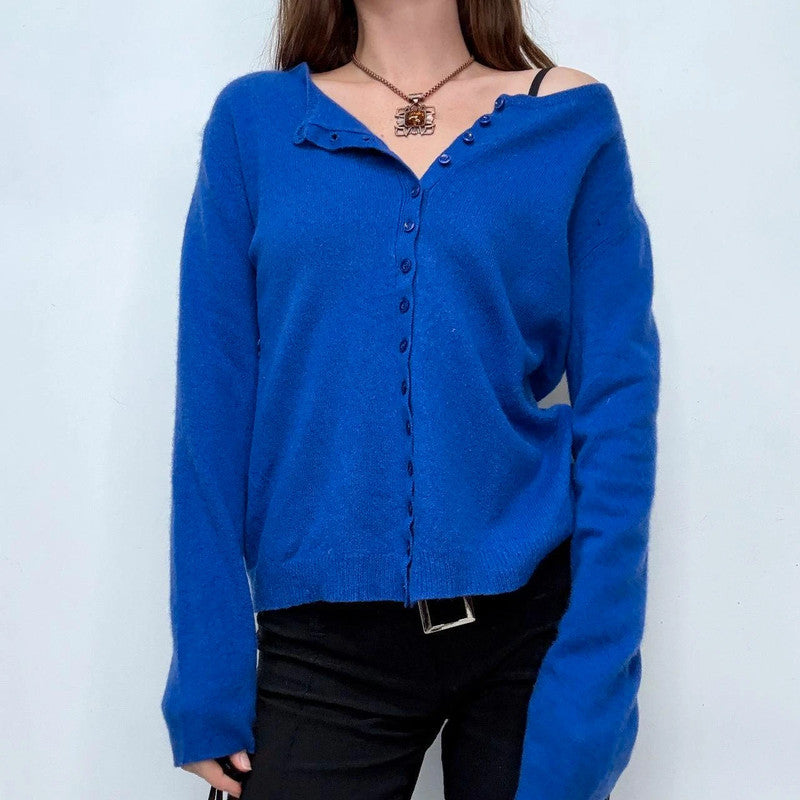 blue cashmere button up slash neck cardigan