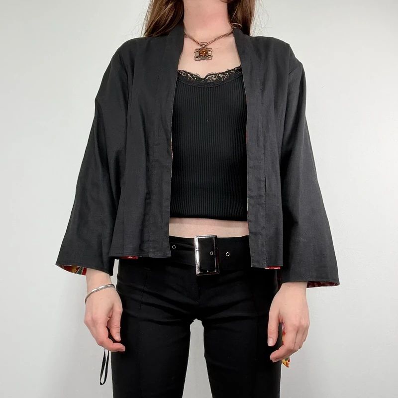 black linen boxy cropped kimono jacket