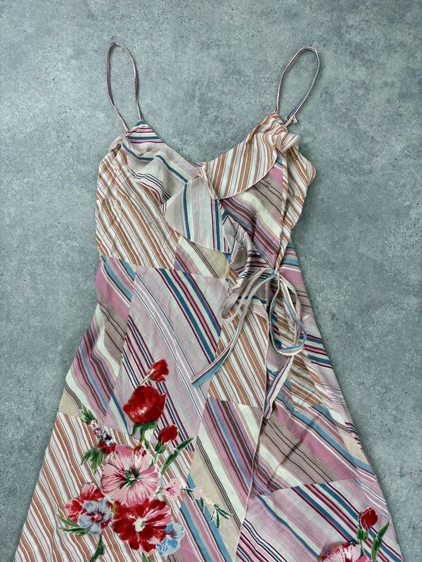 pink pinstripe flared ruffle maxi dress
