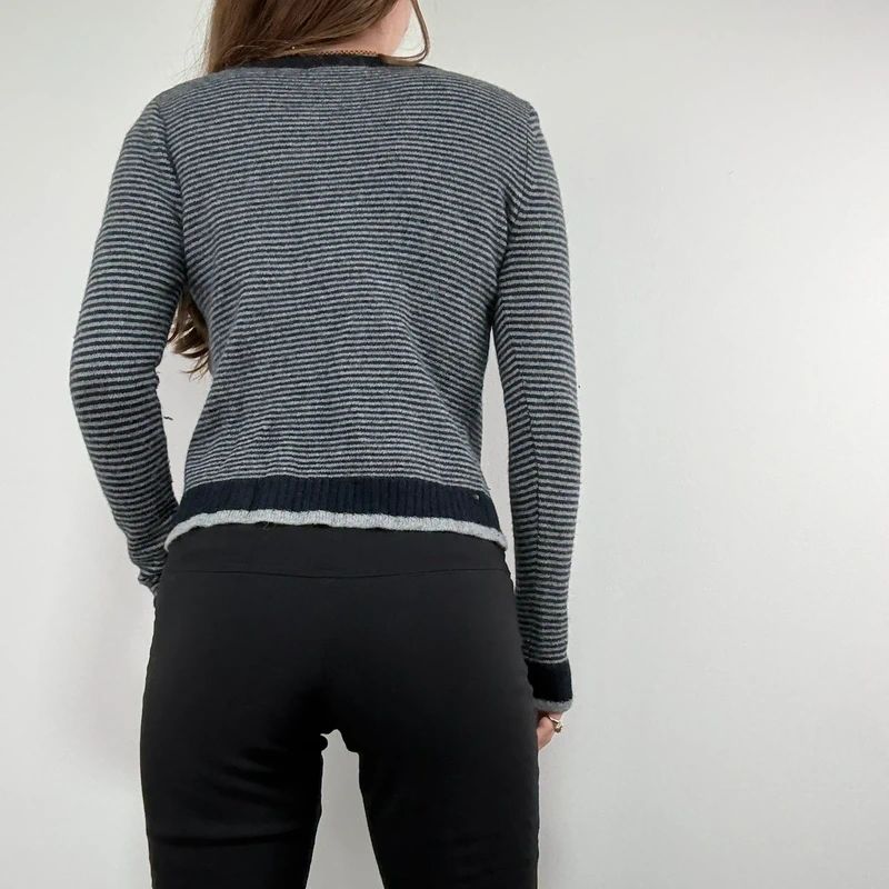 navy pinstripe button up cardigan crewneck