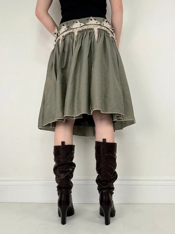 khaki pleated drop waist midi skirt