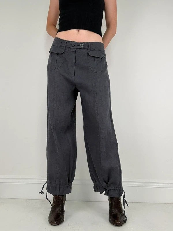 Navy linen puff leg drawstring bloomer trousers