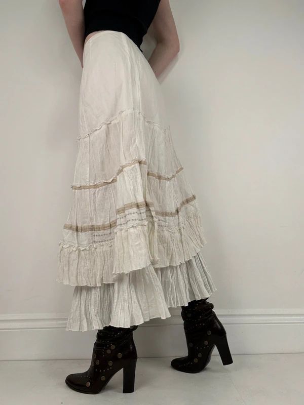 white pleated flared boho fairy maxi skirt