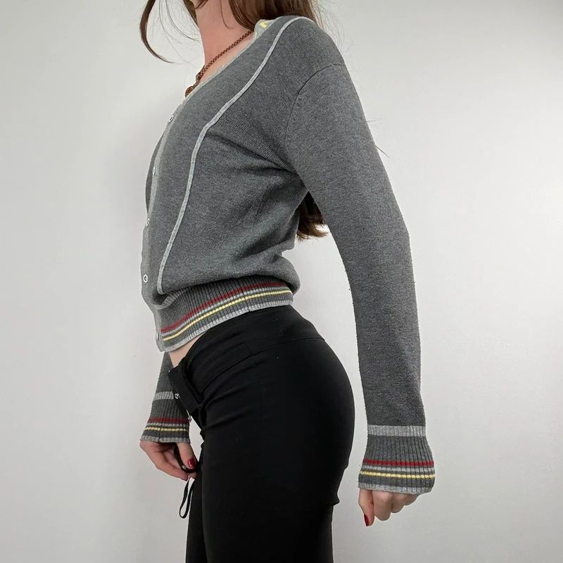 grey cropped knit pinstripe cardigan
