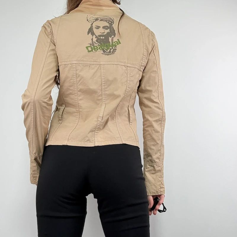 tan fitted panelled military jacket