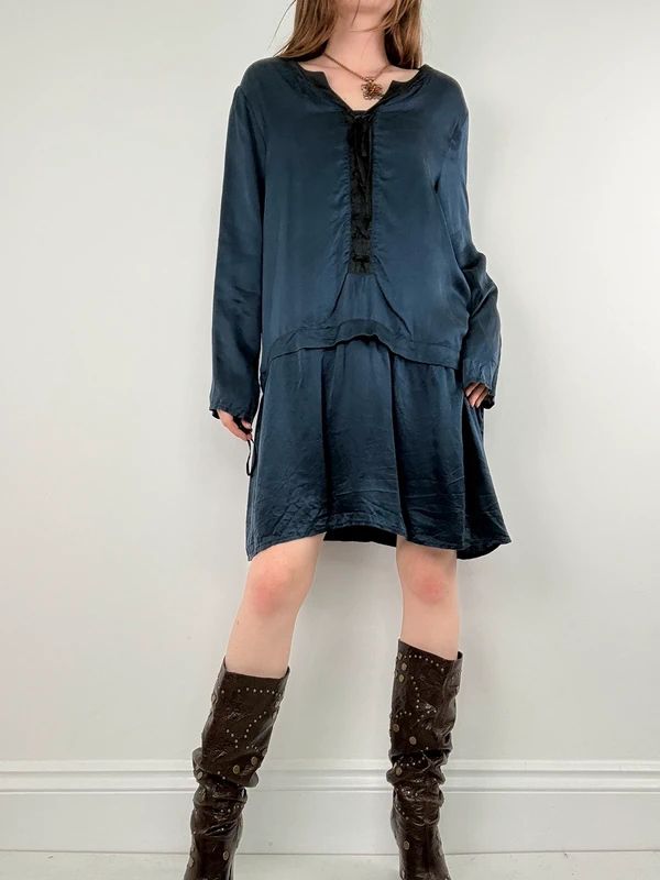 navy silk drop waist long sleeve shirt dress