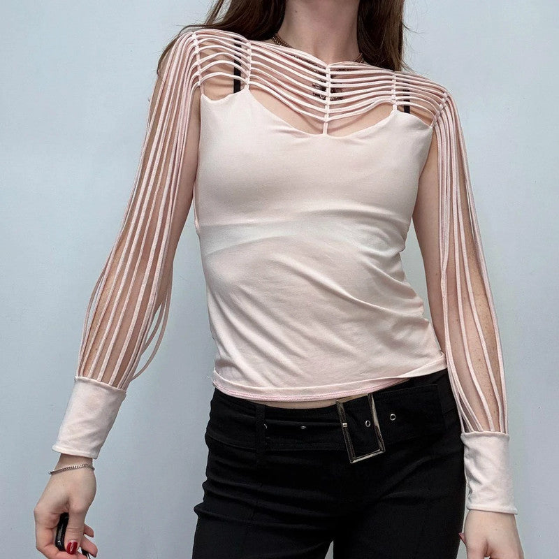 pastel pink cut-out sleeve flared shirt