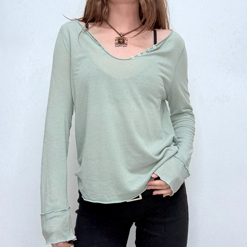 sheer slouchy green cotton long sleeve t-shirt