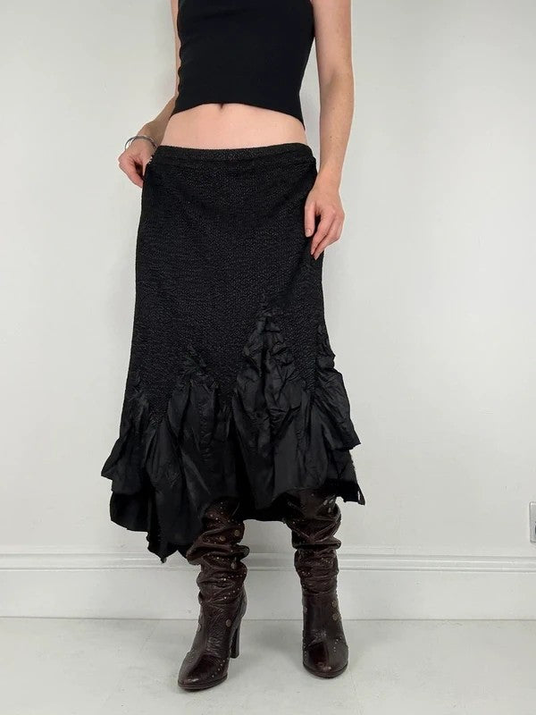 Black crinkle pleated cinched ruffle maxi skirt