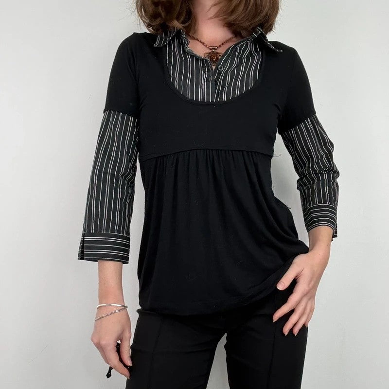 black pinstripe layered flared shirt