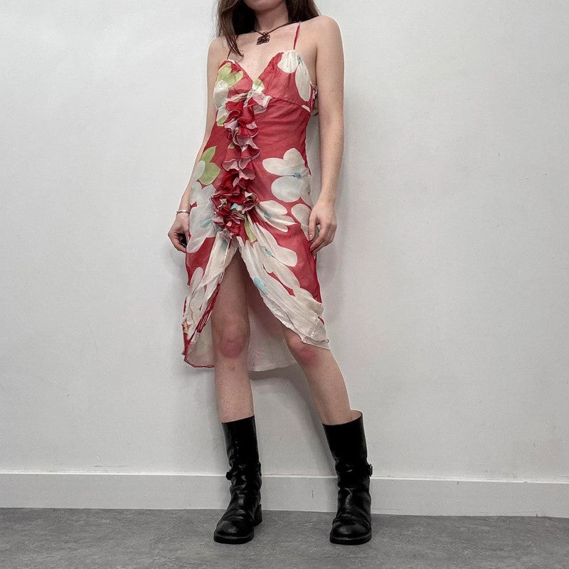 ruffle silk floral red dress