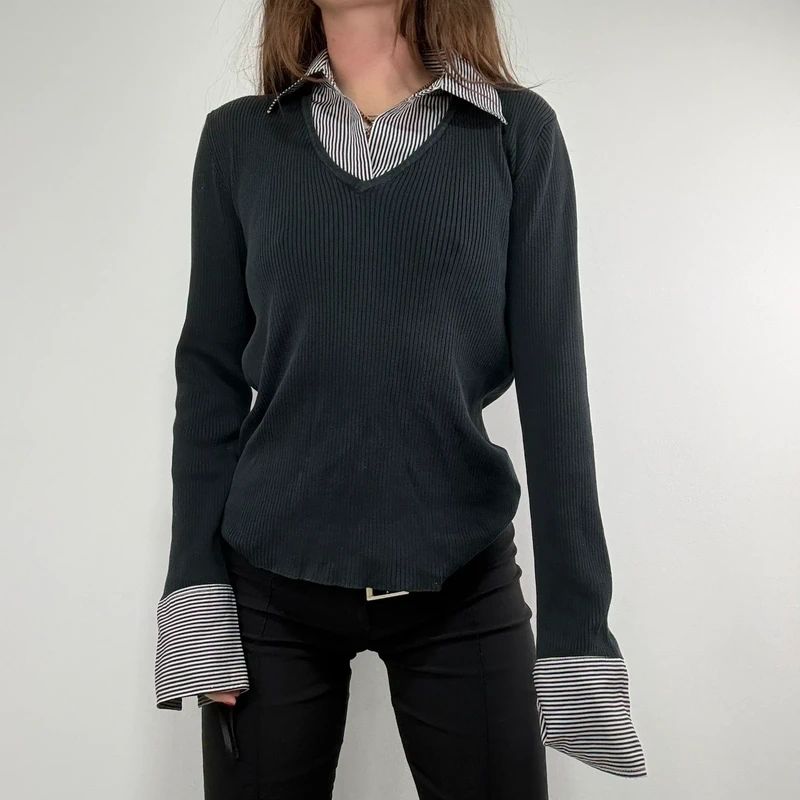 black ribbed knit layered shirt jumper