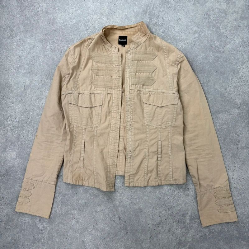 tan fitted panelled military jacket