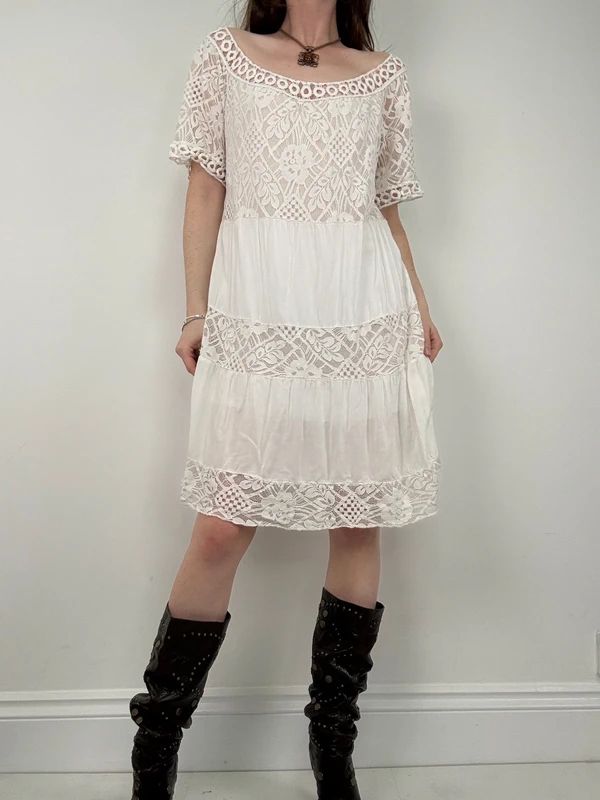 white lace layered wide neck boho dress
