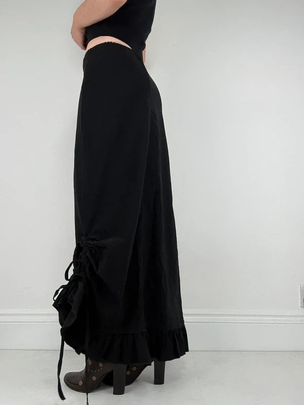 Low waisted black cinched ruffle maxi skirt