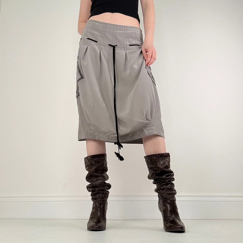 grey pleated puff graphic midi skirt