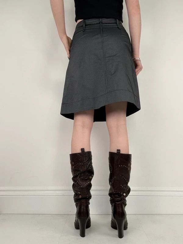 grey pinstripe flared pleated midi skirt