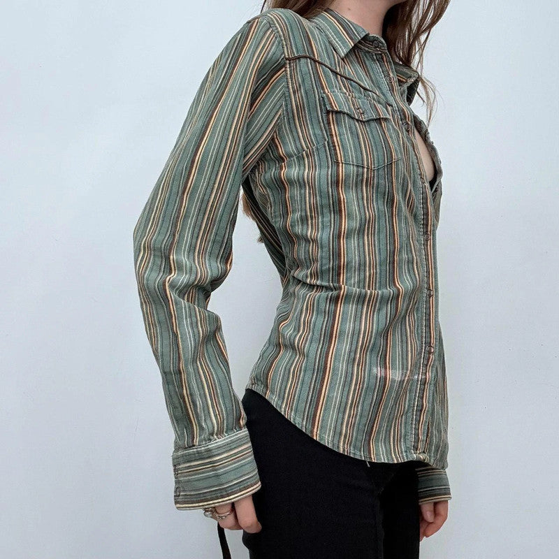 pinstripe khaki flared shirt