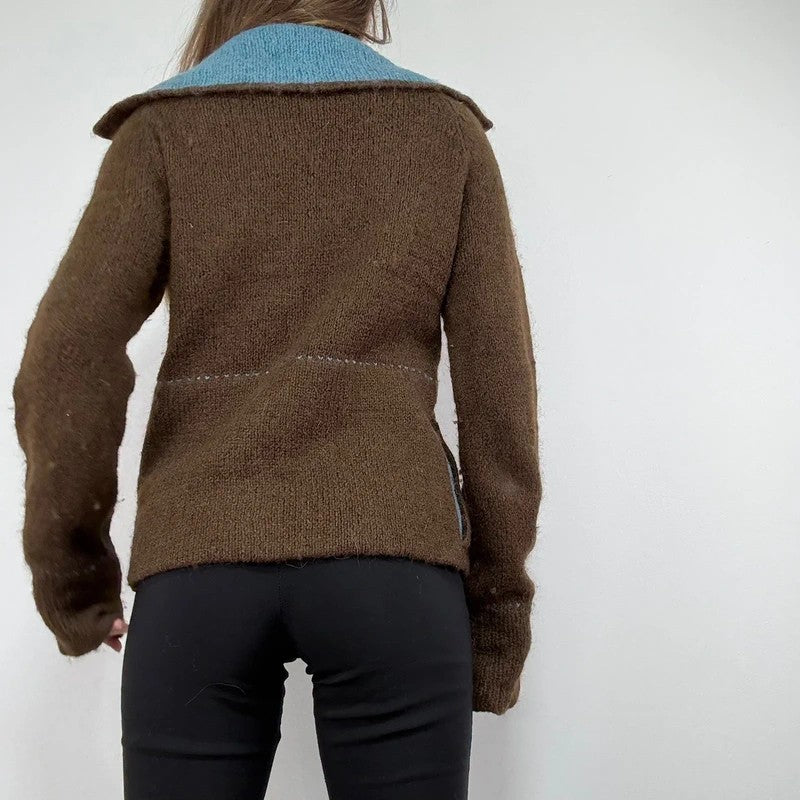 brown knit flared zip through cardigan