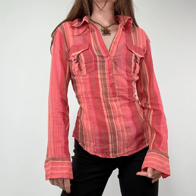 Pinstripe Sheer Flared cotton Cargo Shirt