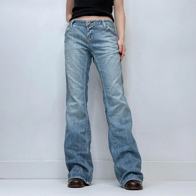 distressed flared leg low rise jeans