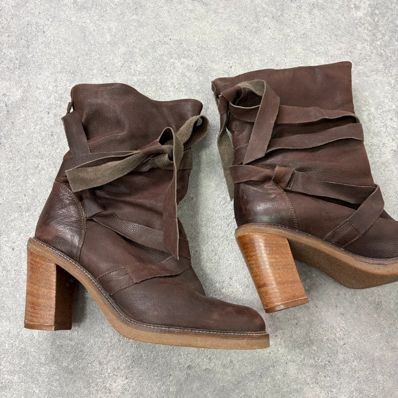 Chunky brown leather wrap around boots