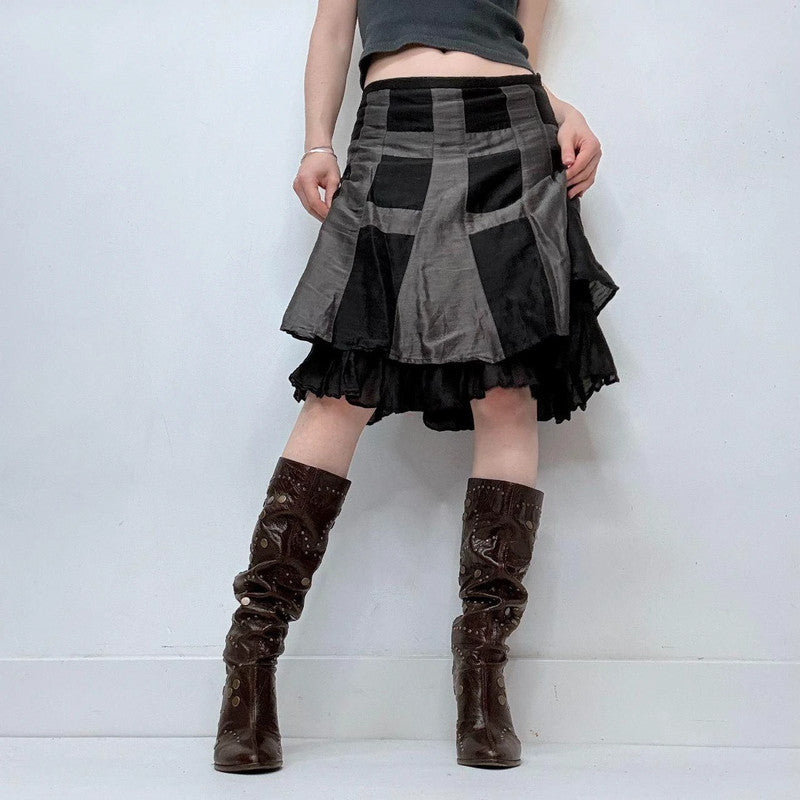 black layered flared ruffle silk skirt