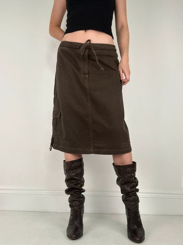brown khaki pinstripe a-line midi skirt