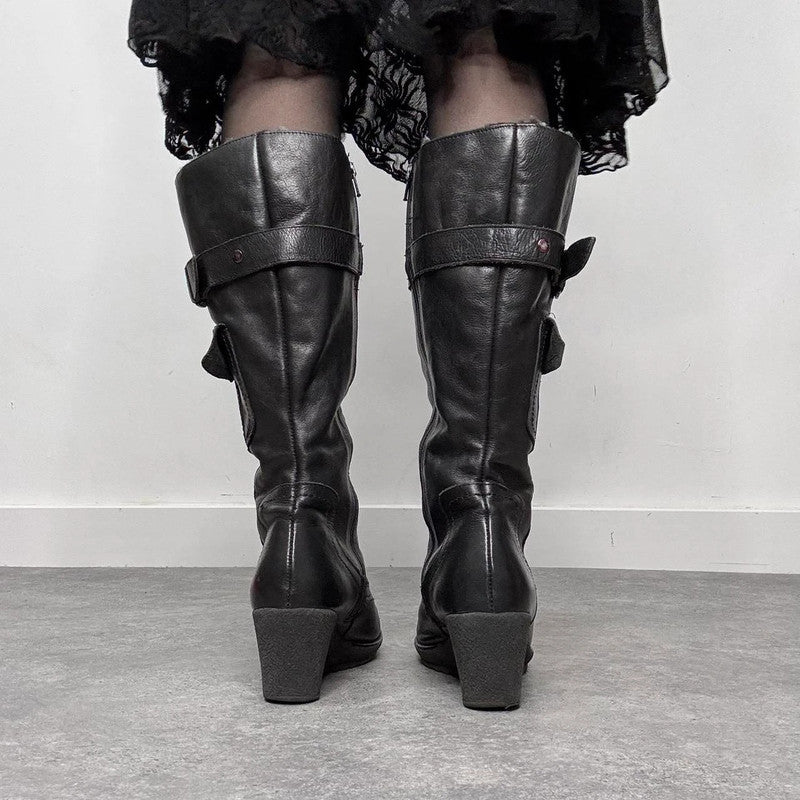 black leather buckle knee high boots