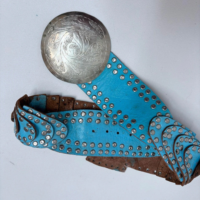 blue western leather studded metal belt