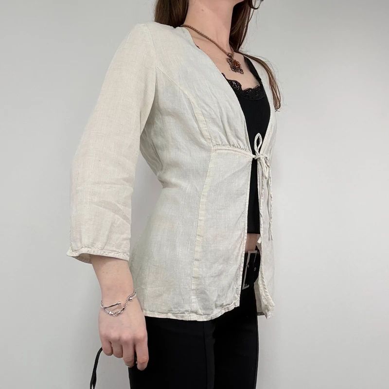 cream linen flared tie up shirt
