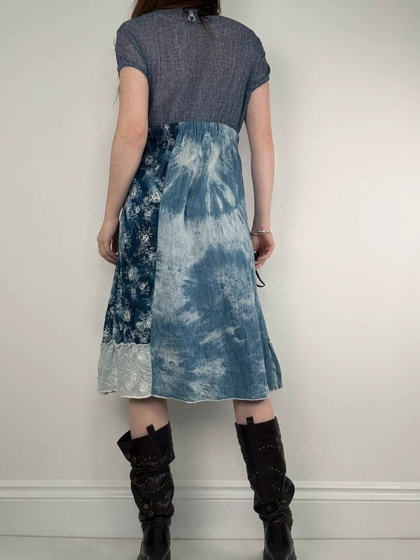 Floral lace blue flared patchwork midi dress