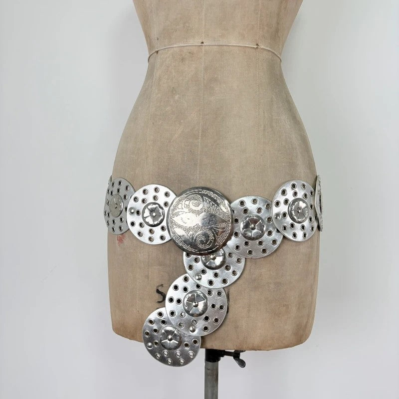 Silver leather studded circle belt