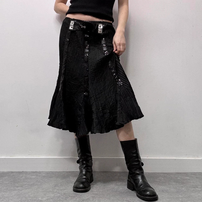 black crinkle flared black skirt