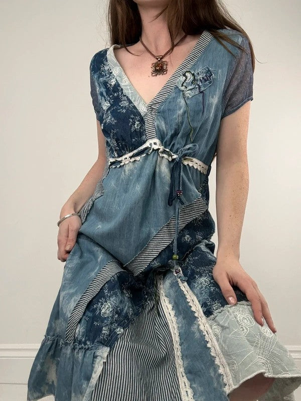 Floral lace blue flared patchwork midi dress