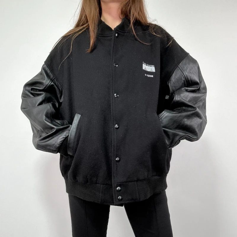Black Leather Varsity Bomber Jacket