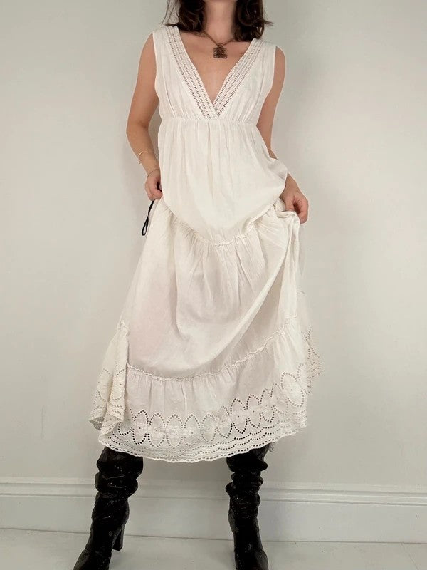 white cotton lace pleated tiered maxi dress