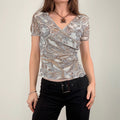 grey brown paisley mesh gathered wrap top