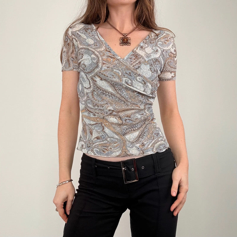 grey brown paisley mesh gathered wrap top