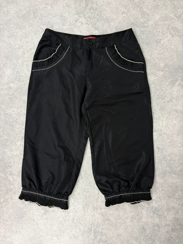 black capri pants pleated ruffle hem trousers