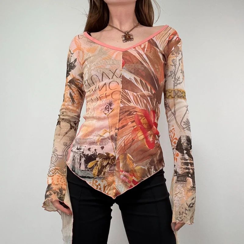 Graphic Mesh Printed Grunge Top